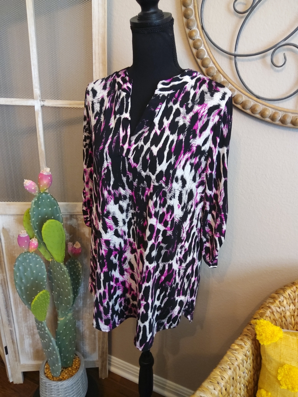 White Birch Black, White & Pink Animal Print V-Neck Tunic